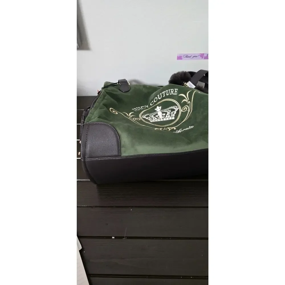 Juicy Couture Green Velour Crown Tote Bag Purse Shoulder Handbag Pom Pom NWT